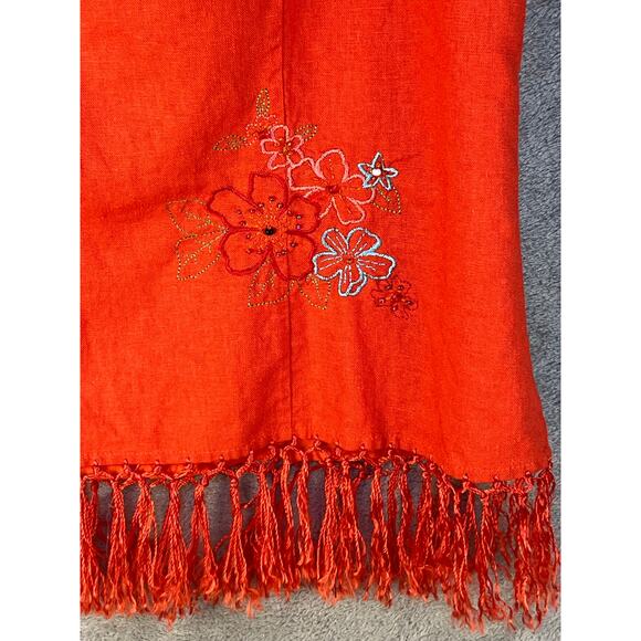 2 Piece Linen Blend Pant Set Size 10 Orange Floral Embroidered Beaded Fringe - Picture 3 of 10